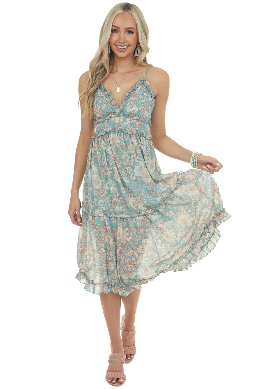 Juniper Floral Print Frill Trim Midi Dress