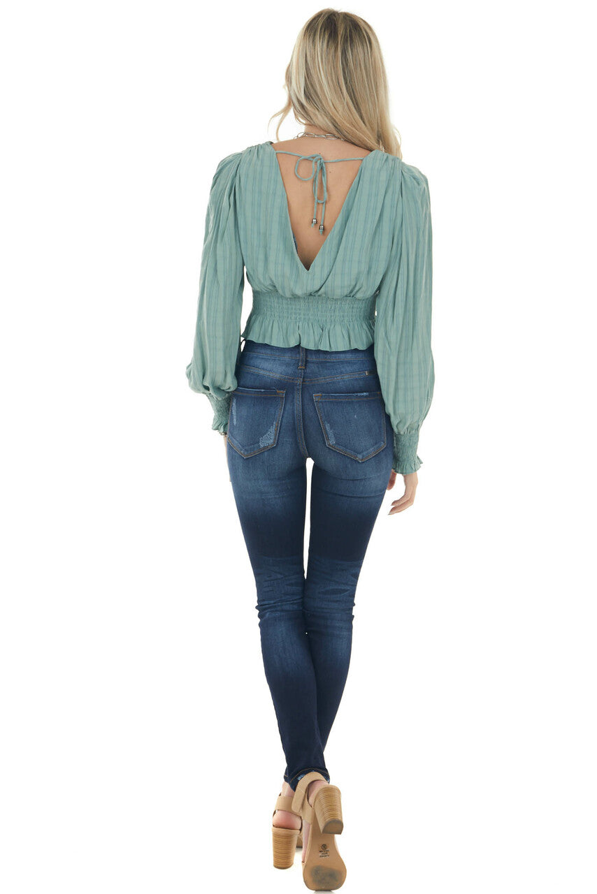 Juniper Green Puff Sleeve Plunging Neck Blouse 