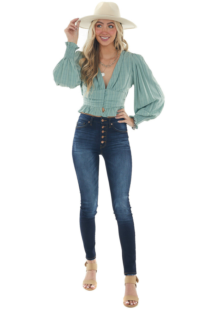 Juniper Green Puff Sleeve Plunging Neck Blouse 