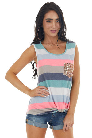 Juniper Multicolor Striped Sequin Pocket Top 