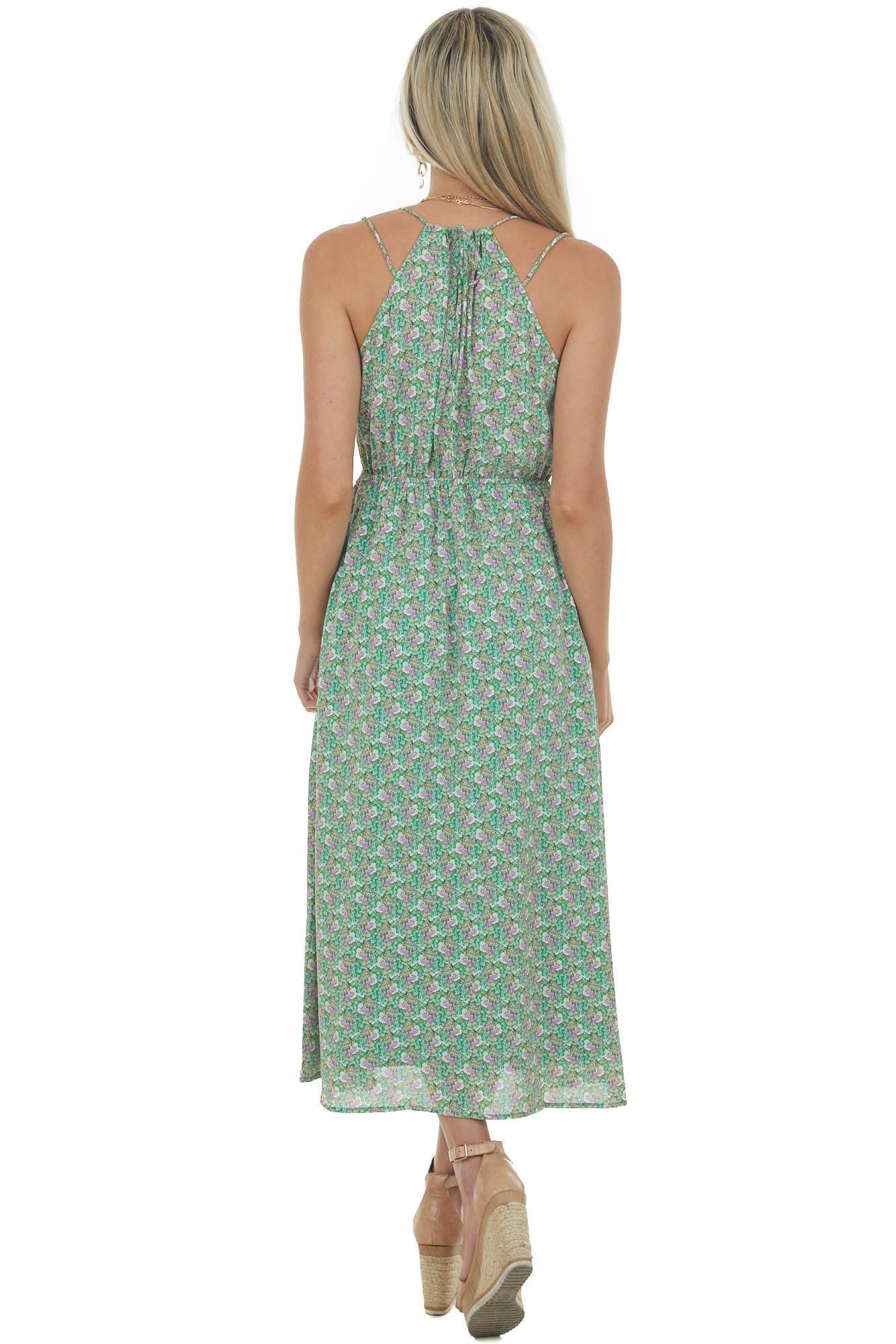Kelly Green Floral Sleeveless Midi Dress