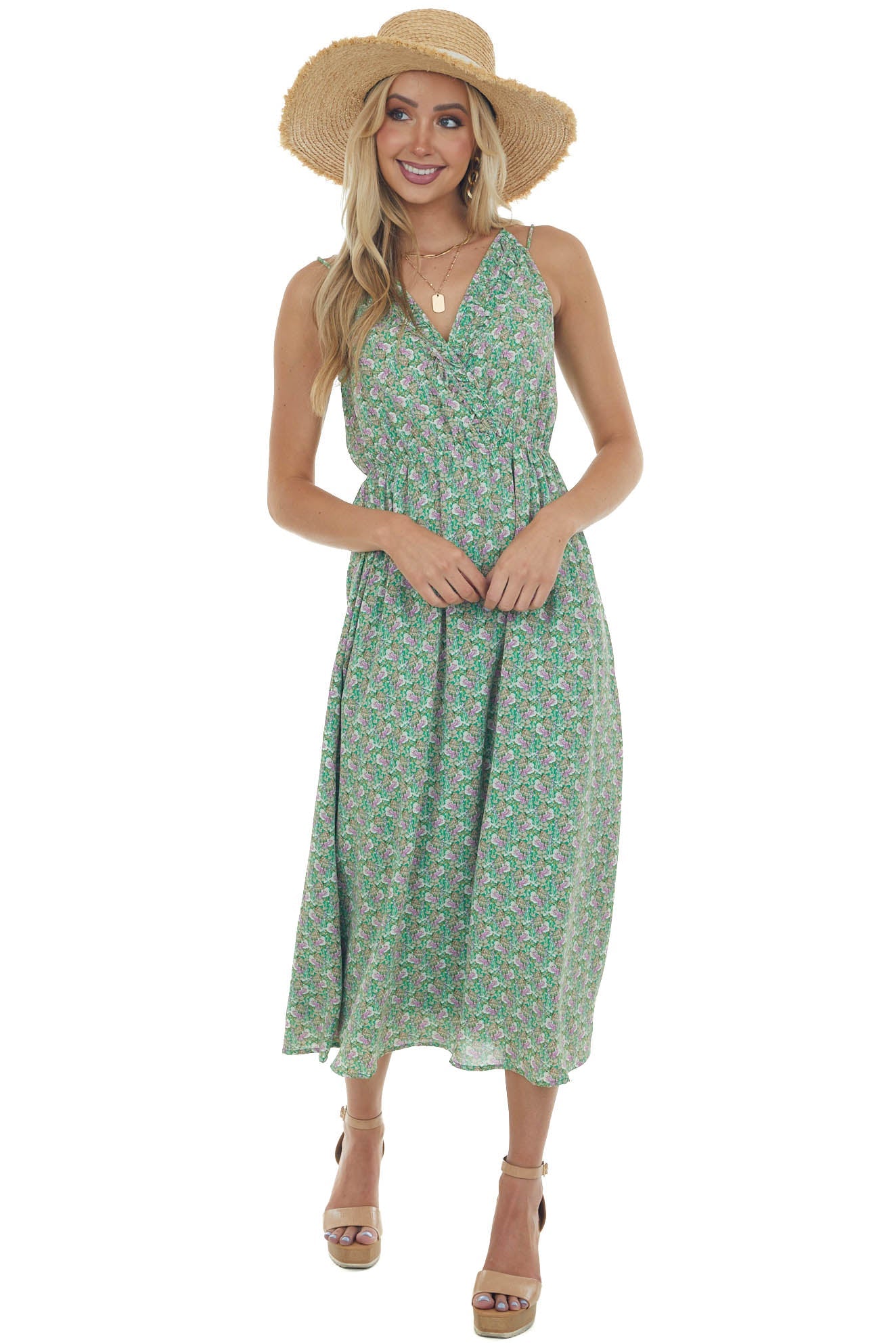 Kelly Green Floral Sleeveless Midi Dress