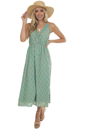 Kelly Green Floral Sleeveless Midi Dress