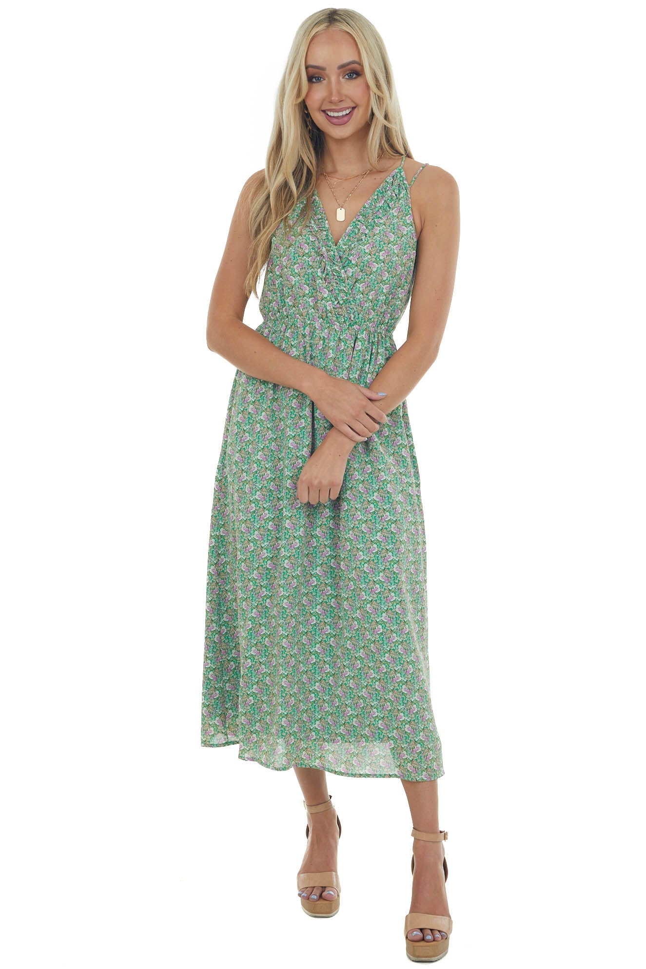 Kelly Green Floral Sleeveless Midi Dress