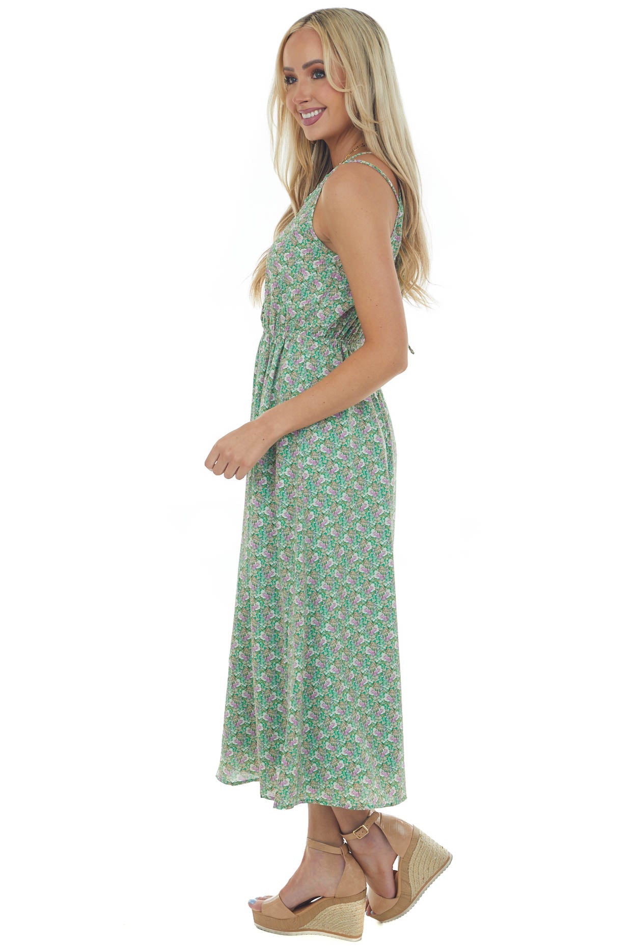 Kelly Green Floral Sleeveless Midi Dress