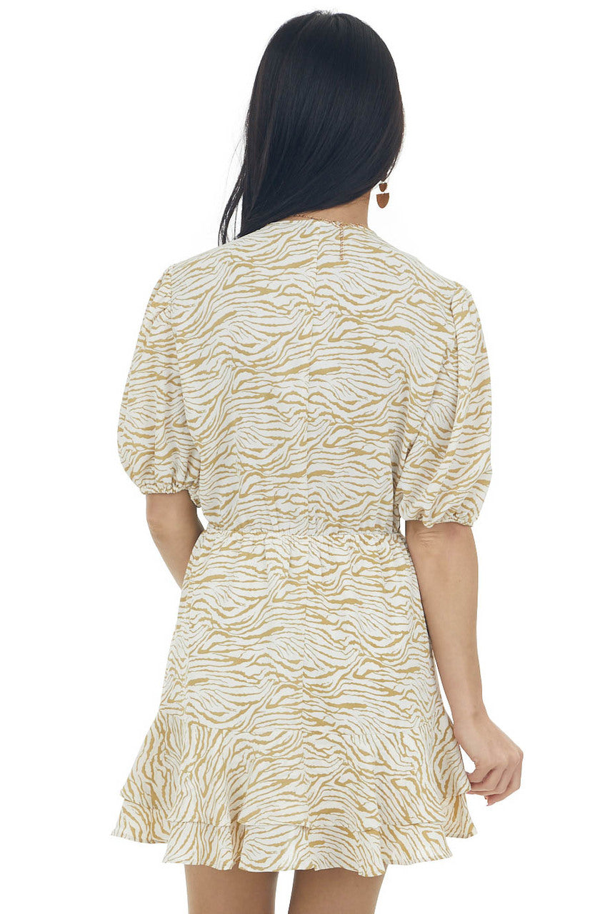 Khaki Zebra Ruffle Hem Front Tie Dress
