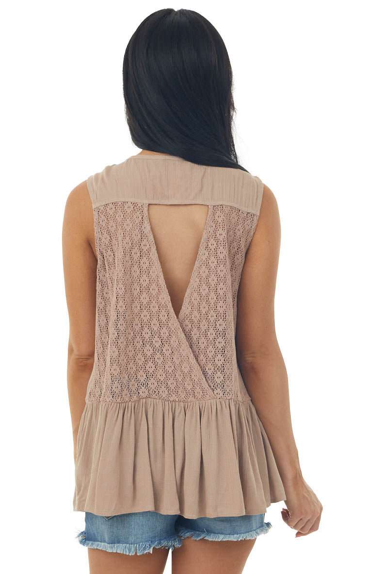 Latte Brown Peplum Tank Top with Crochet Lace Details