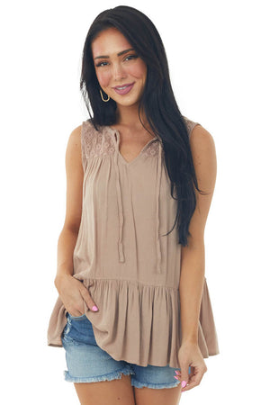 Latte Brown Peplum Tank Top with Crochet Lace Details