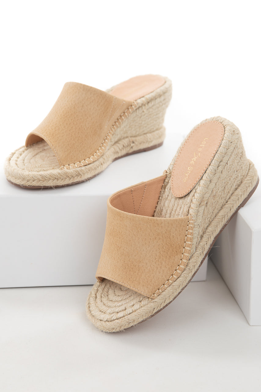 Latte Faux Leather Textured Espadrille Wedges 