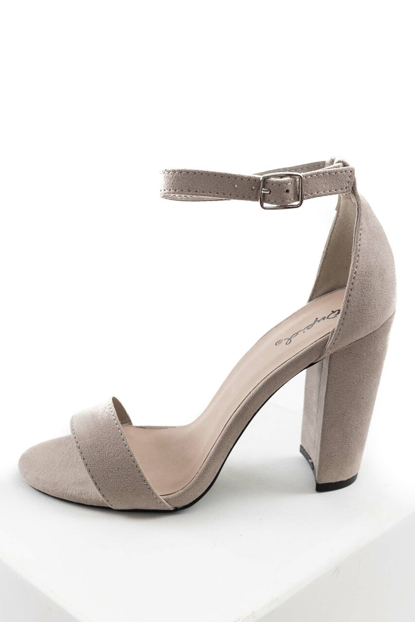 Latte Faux Suede Buckle Strap Block High Heels