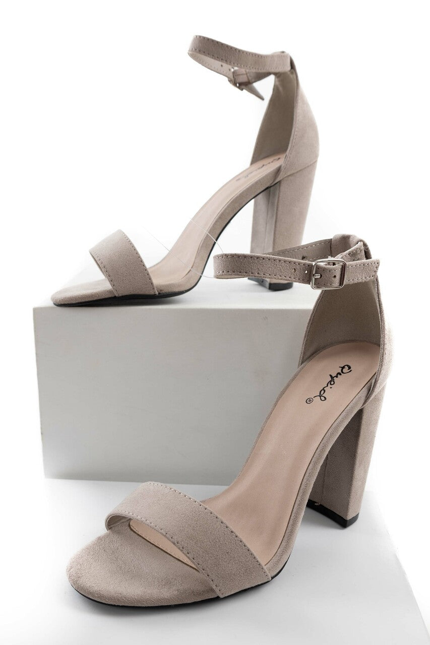 Latte Faux Suede Buckle Strap Block High Heels