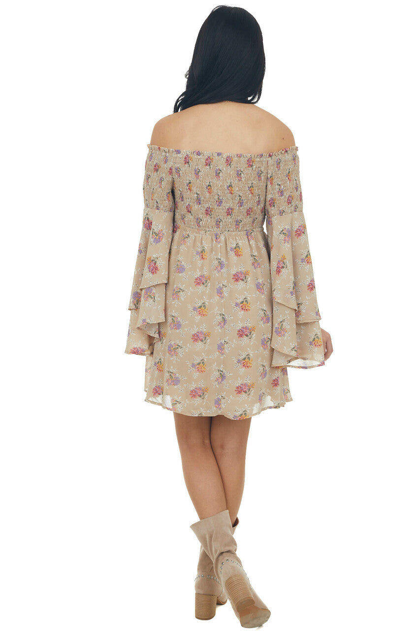 Latte Floral Print Long Sleeve Off the Shoulder Dress