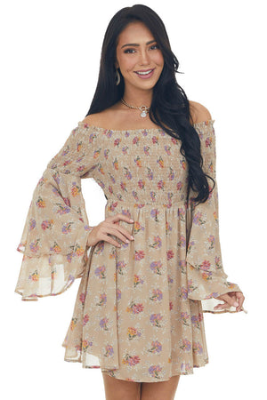 Latte Floral Print Long Sleeve Off the Shoulder Dress