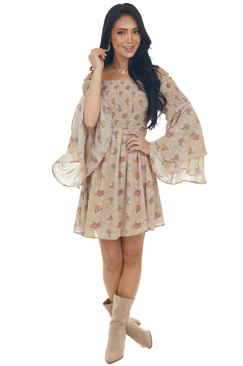 Latte Floral Print Long Sleeve Off the Shoulder Dress