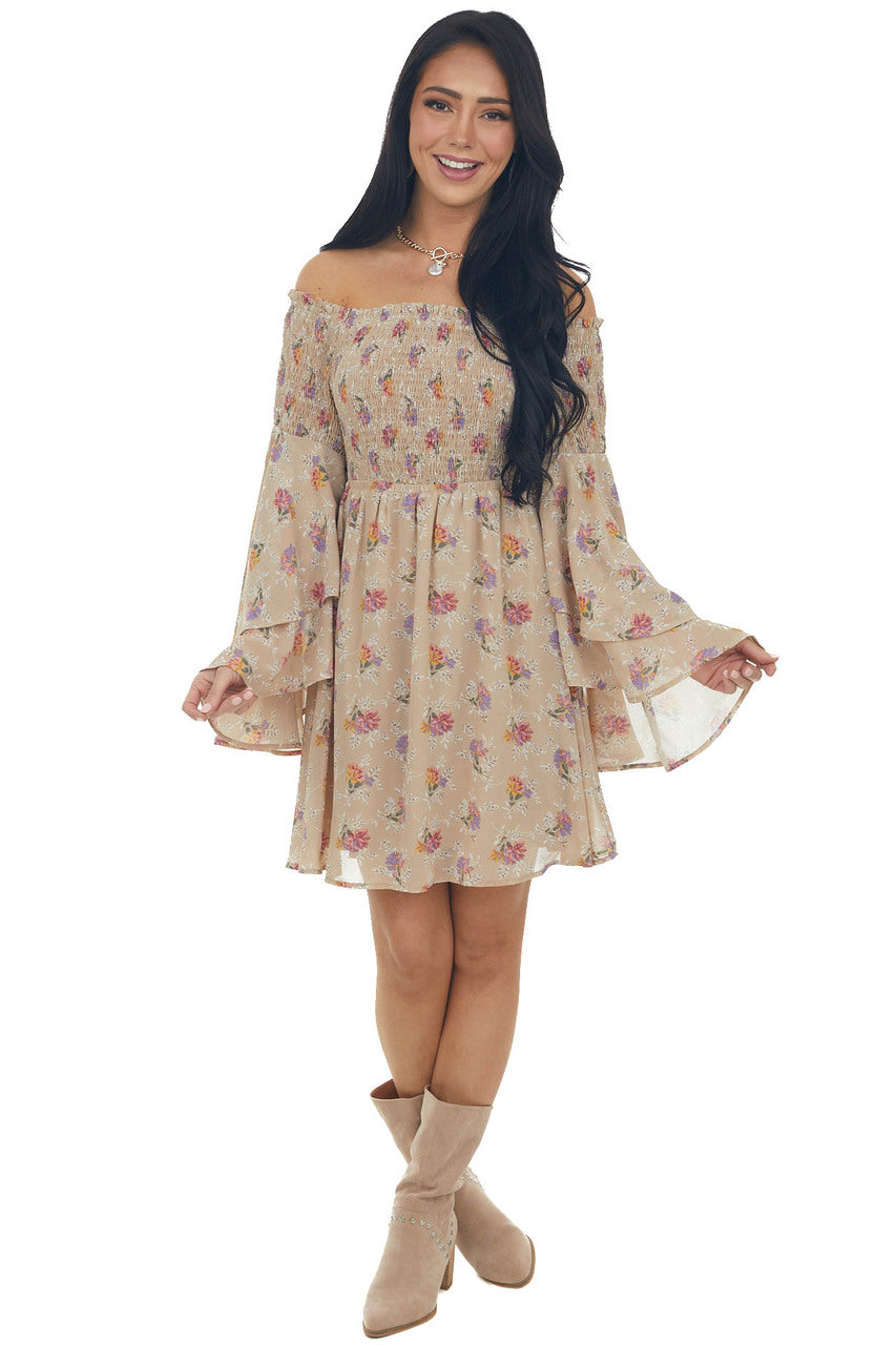 Latte Floral Print Long Sleeve Off the Shoulder Dress