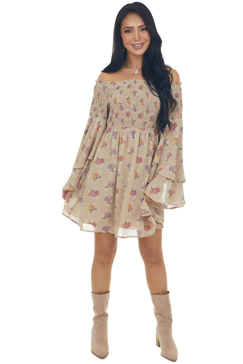 Latte Floral Print Long Sleeve Off the Shoulder Dress