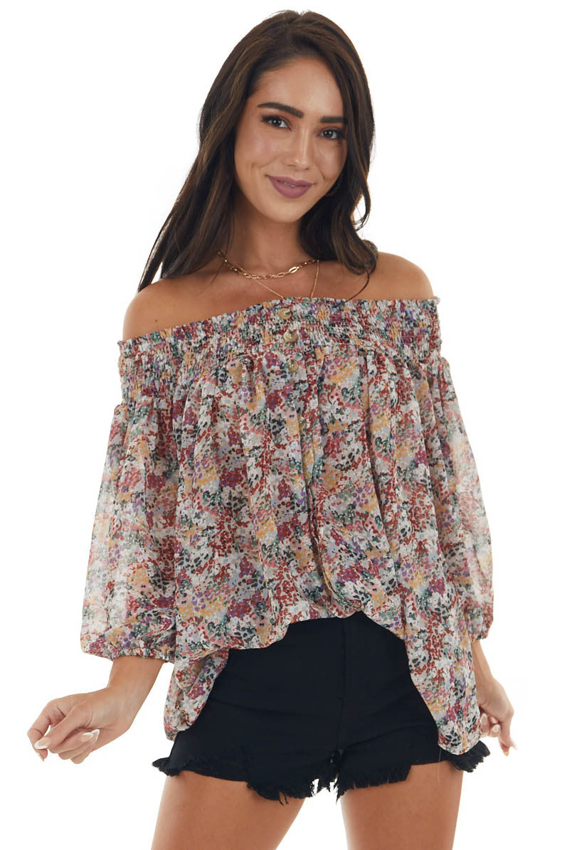 Latte Floral Print Smocked Off Shoulder Blouse 