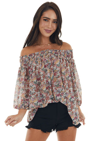 Latte Floral Print Smocked Off Shoulder Blouse 