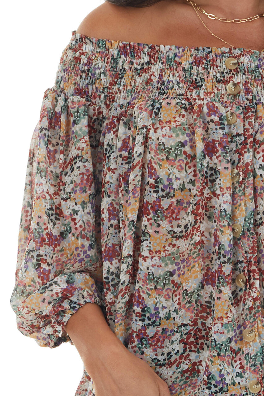 Latte Floral Print Smocked Off Shoulder Blouse 
