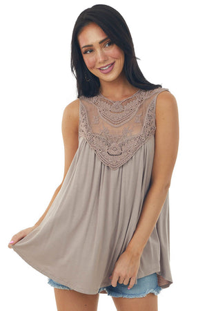 Latte Flowy Sleeveless Top with Sheer Crochet Detail