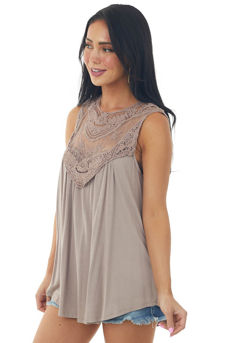 Latte Flowy Sleeveless Top with Sheer Crochet Detail