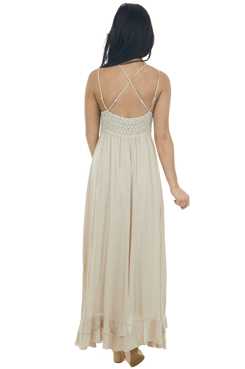 Latte Lace V Neck Maxi Dress with Ruffle Hem