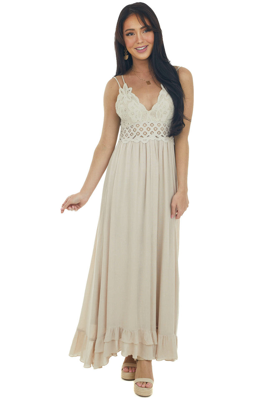 Latte Lace V Neck Maxi Dress with Ruffle Hem
