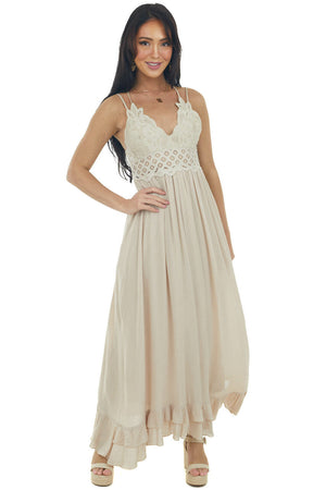 Latte Lace V Neck Maxi Dress with Ruffle Hem