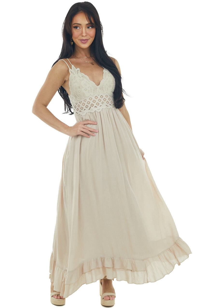 Latte Lace V Neck Maxi Dress with Ruffle Hem