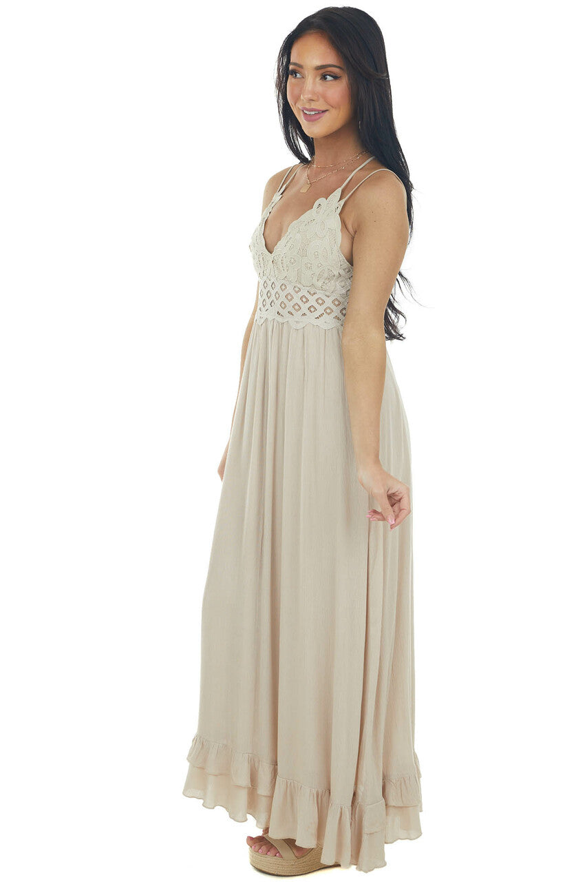 Latte Lace V Neck Maxi Dress with Ruffle Hem