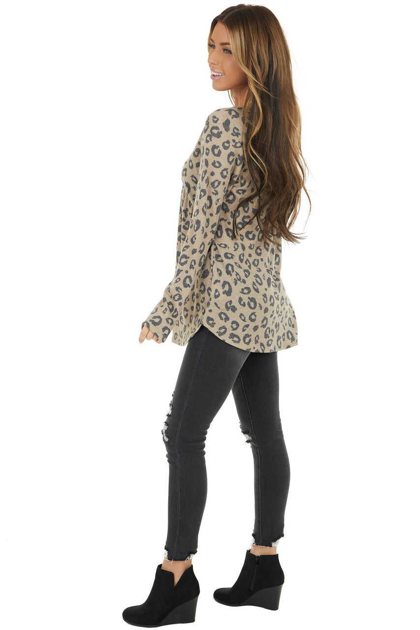 Latte Leopard Print Babydoll Top with Criss Cross Neckline