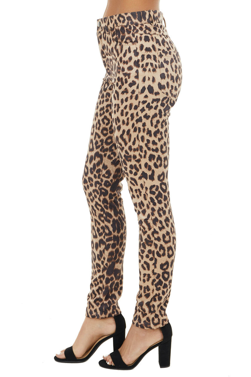 Latte Leopard Print High Waisted Skinny Pants with Pockets