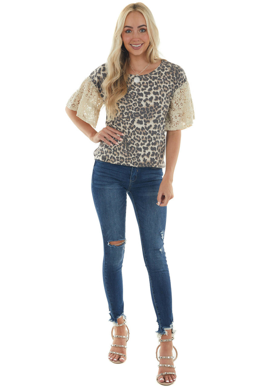 Latte Leopard Print Top with Short Floral Lace Bell Sleeves 