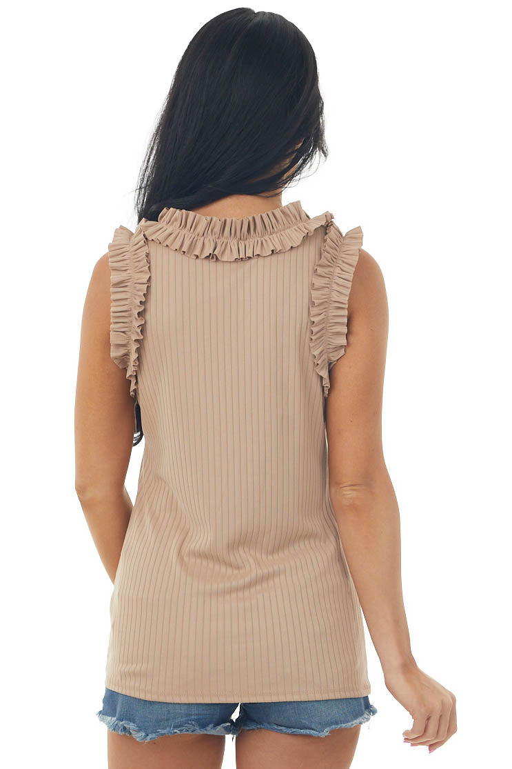Latte Ribbed Knit Tank Top with Frill Trim