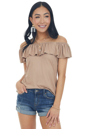 Latte Ribbed Knit Top with Ruffle Overlay