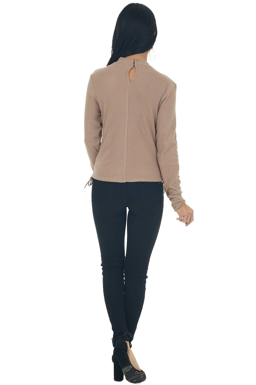 Latte Ruched Brushed Ribbed Knit Fitted Top