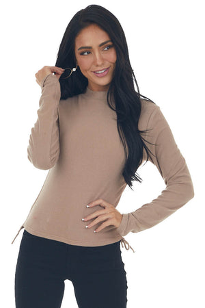 Latte Ruched Brushed Ribbed Knit Fitted Top