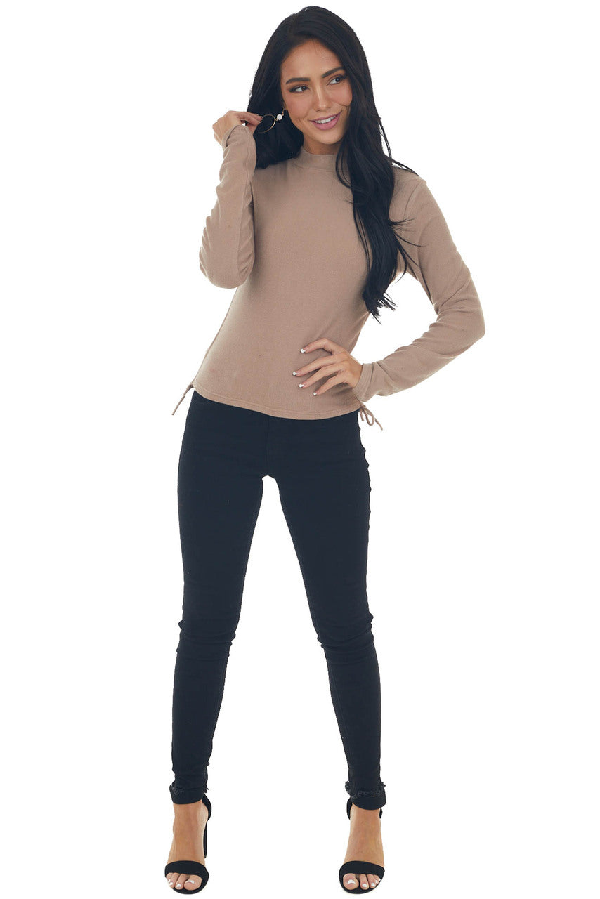 Latte Ruched Brushed Ribbed Knit Fitted Top