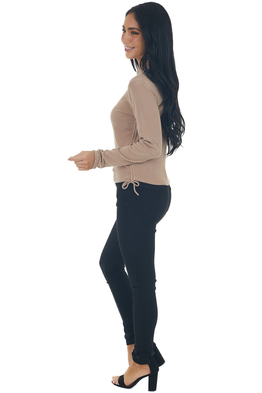 Latte Ruched Brushed Ribbed Knit Fitted Top