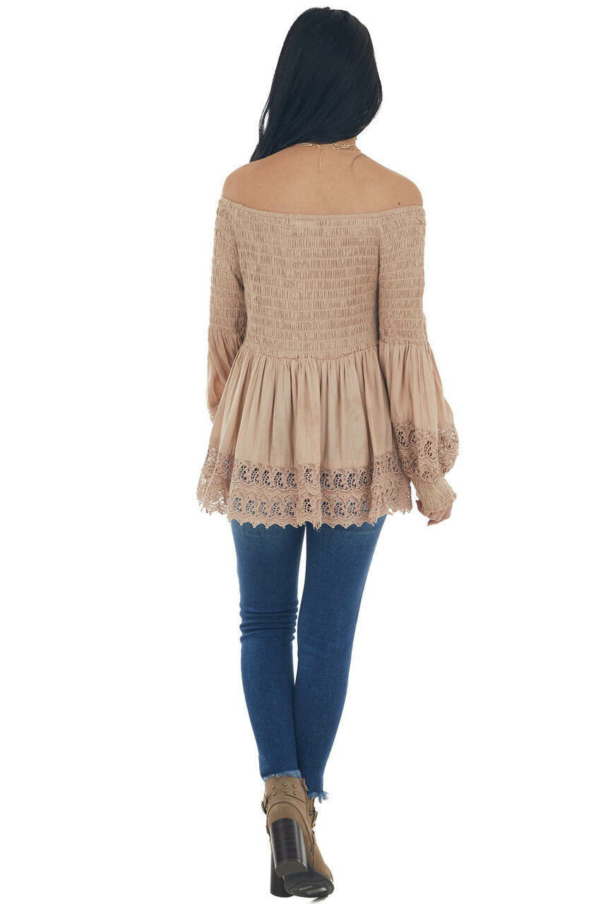 Latte Smocked Off Shoulder Babydoll Lace Top