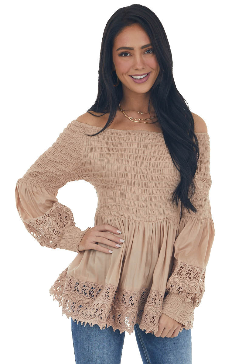 Latte Smocked Off Shoulder Babydoll Lace Top