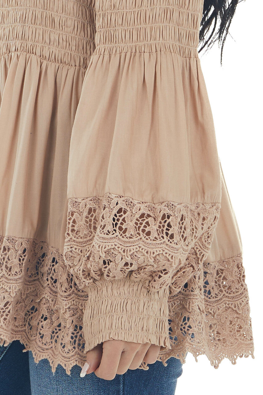Latte Smocked Off Shoulder Babydoll Lace Top
