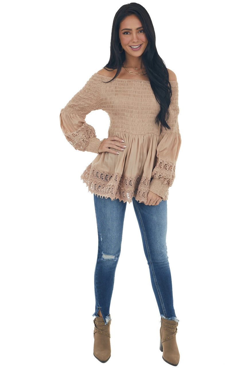 Latte Smocked Off Shoulder Babydoll Lace Top