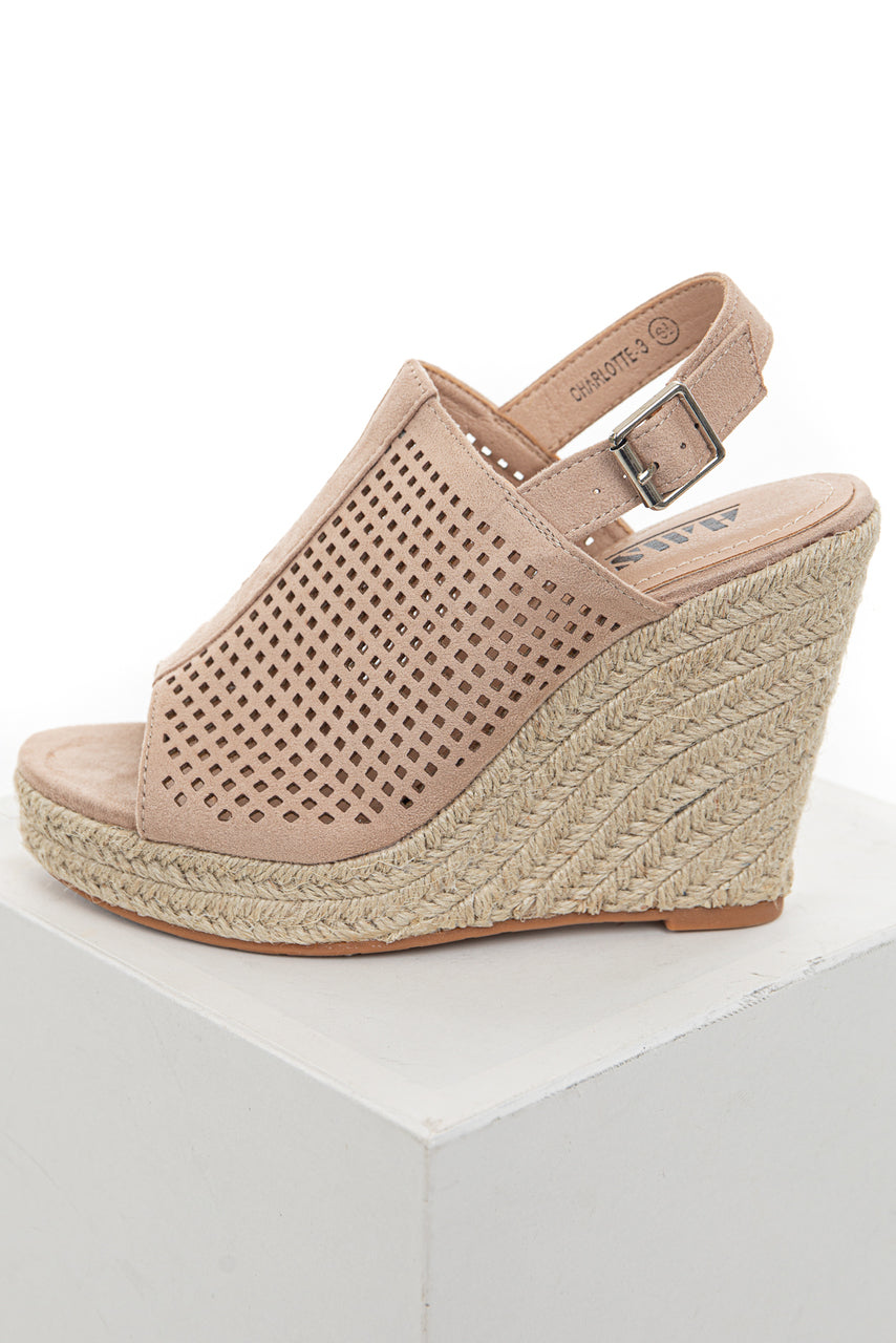Latte Square Laser Cut Out Espadrille Sling Back Wedges 