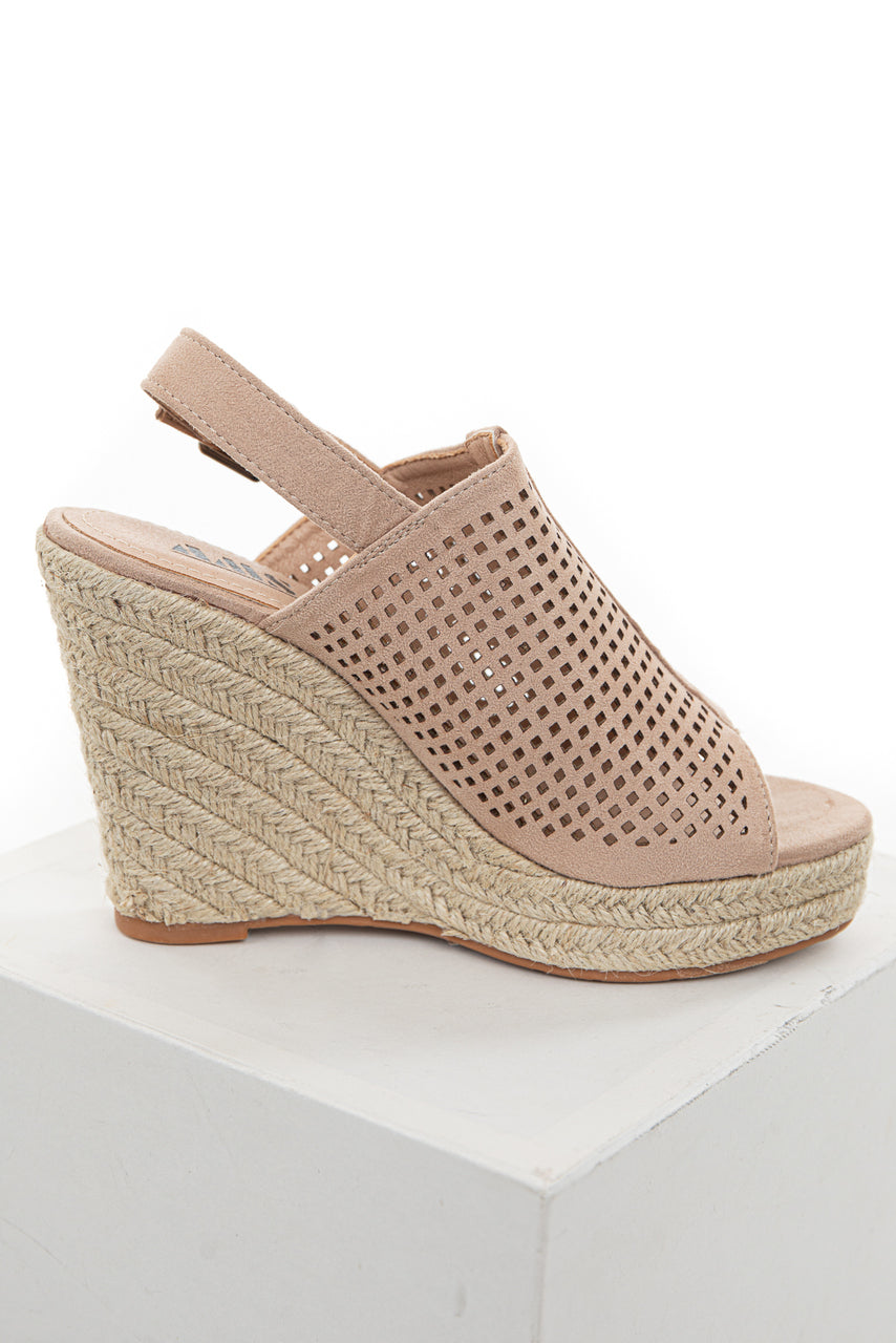 Latte Square Laser Cut Out Espadrille Sling Back Wedges 