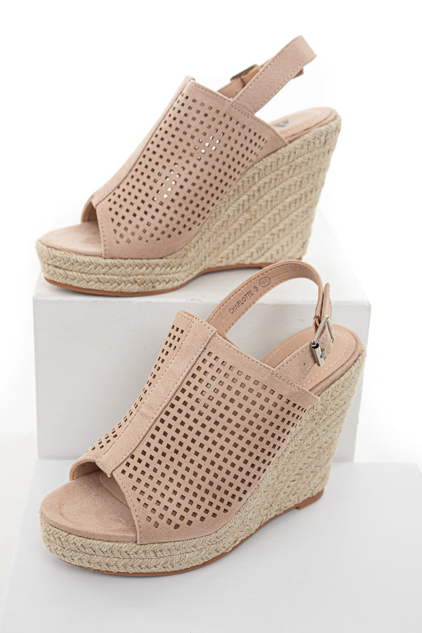 Latte Square Laser Cut Out Espadrille Sling Back Wedges 