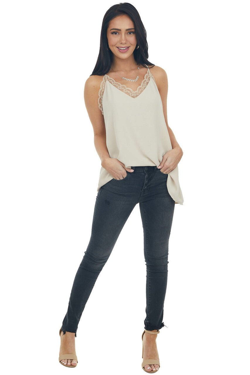 Latte V Neck Lace Trim Racerback Camisole
