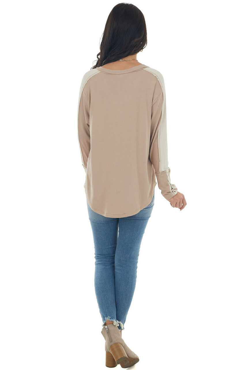Latte V Neck Long Sleeve Exposed Seam Knit Top