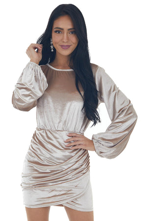 Latte Velvet Mini Dress with Surplice Back and Tie Detail 