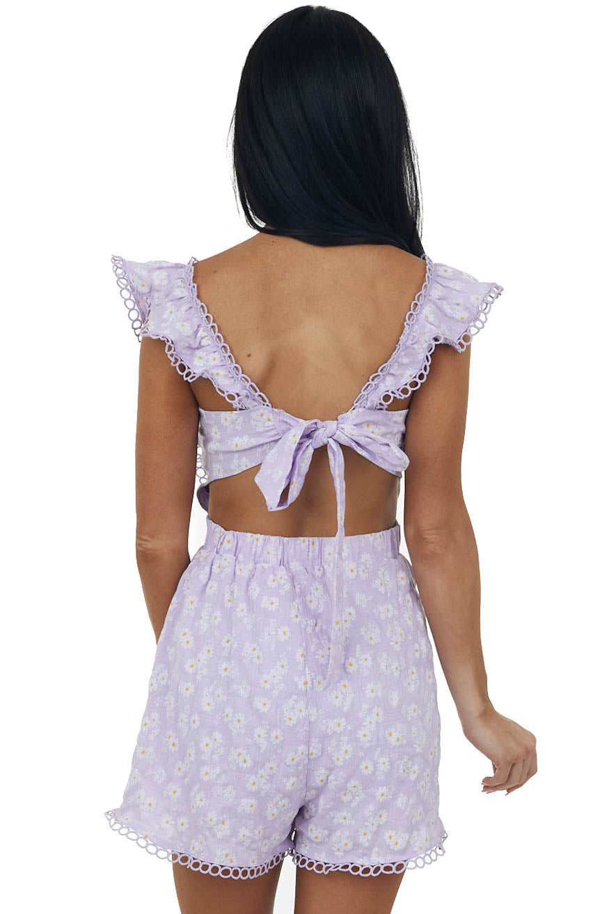 Lavender Floral Open Back Lace Trim Romper